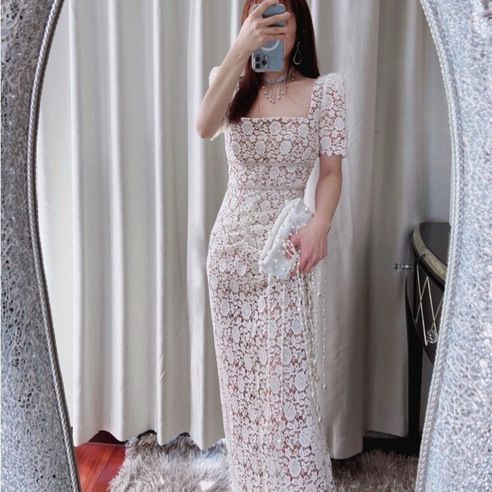 Self-Portrait White Sheath Dress with Puff Sleeves